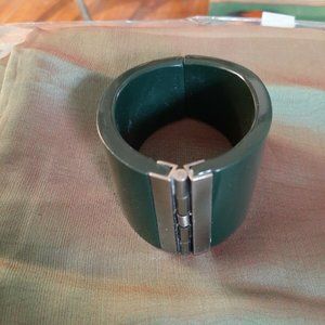 Vintage signed Ferragamo drk GREEN plastic hinged cuff bracelet 1 3/4" wide RARE